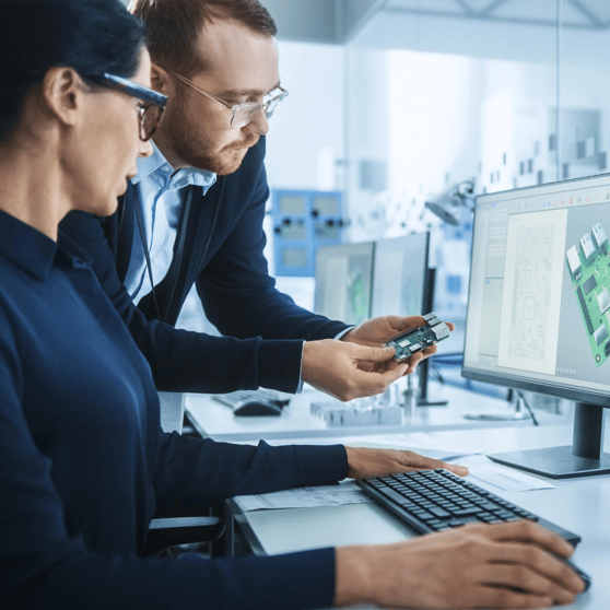 A man and a woman looking at a computer chip