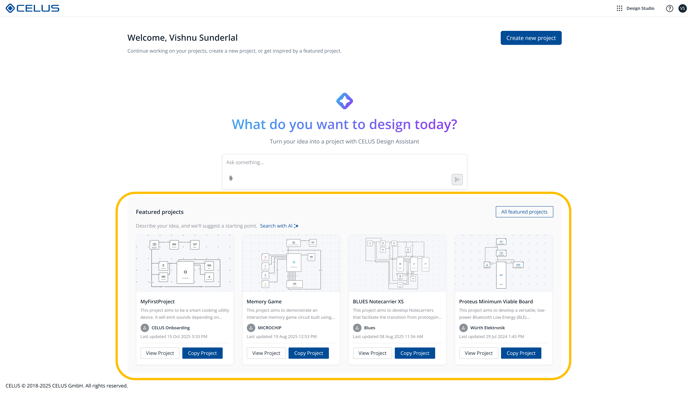 Feature Projects listed in Welcome Screen