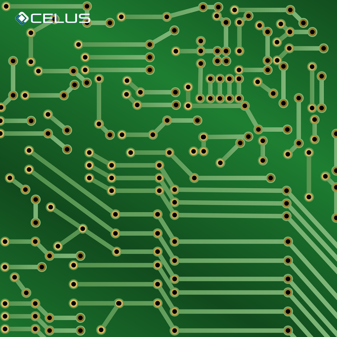 Vereinfachte Zeichnung eines PCB: Leitungsbahnen und Lötpunkte